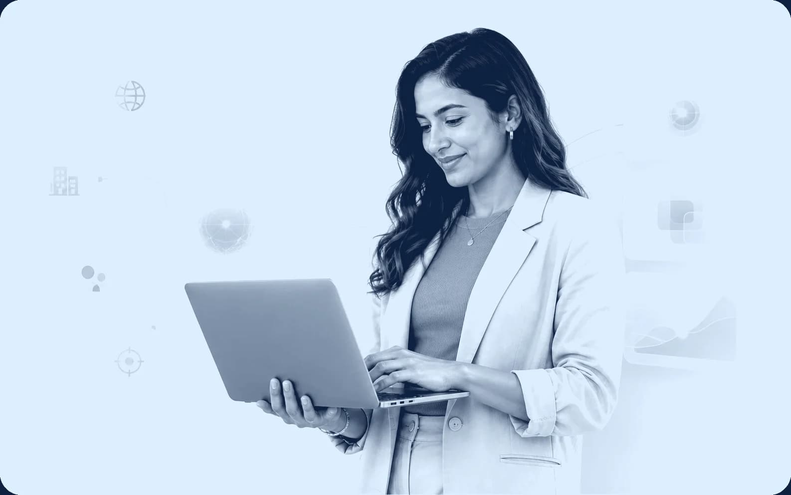 A marketing lead reading how her company's website and content are structured, with the connected sources and outputs arranged around her
